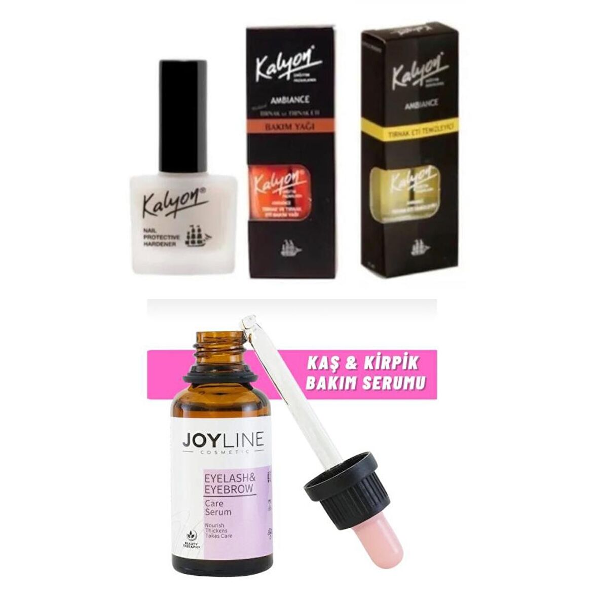 Kalyon Tırnak Sertleştrici+Tırnak Bakım Yağı+Tırnak Eti Temizleyici 3'lü Set+joy line Kaş Kirpik Onarıcı,uzatıcı,besleyici Ve Güçlendirici Bakım Serumu 30ml 